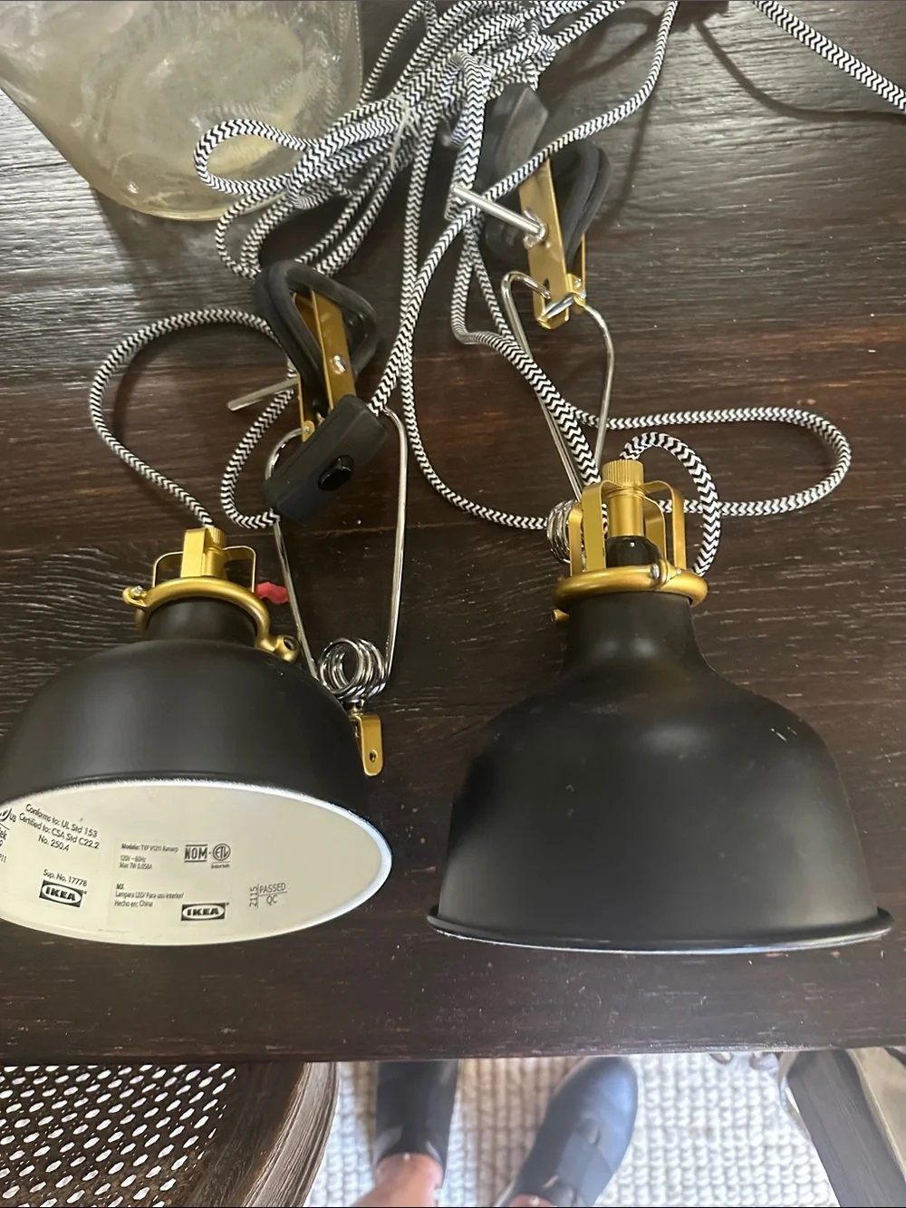 Black and White IKEA Clip-On Pendant Lamps with Gold Accents Pair